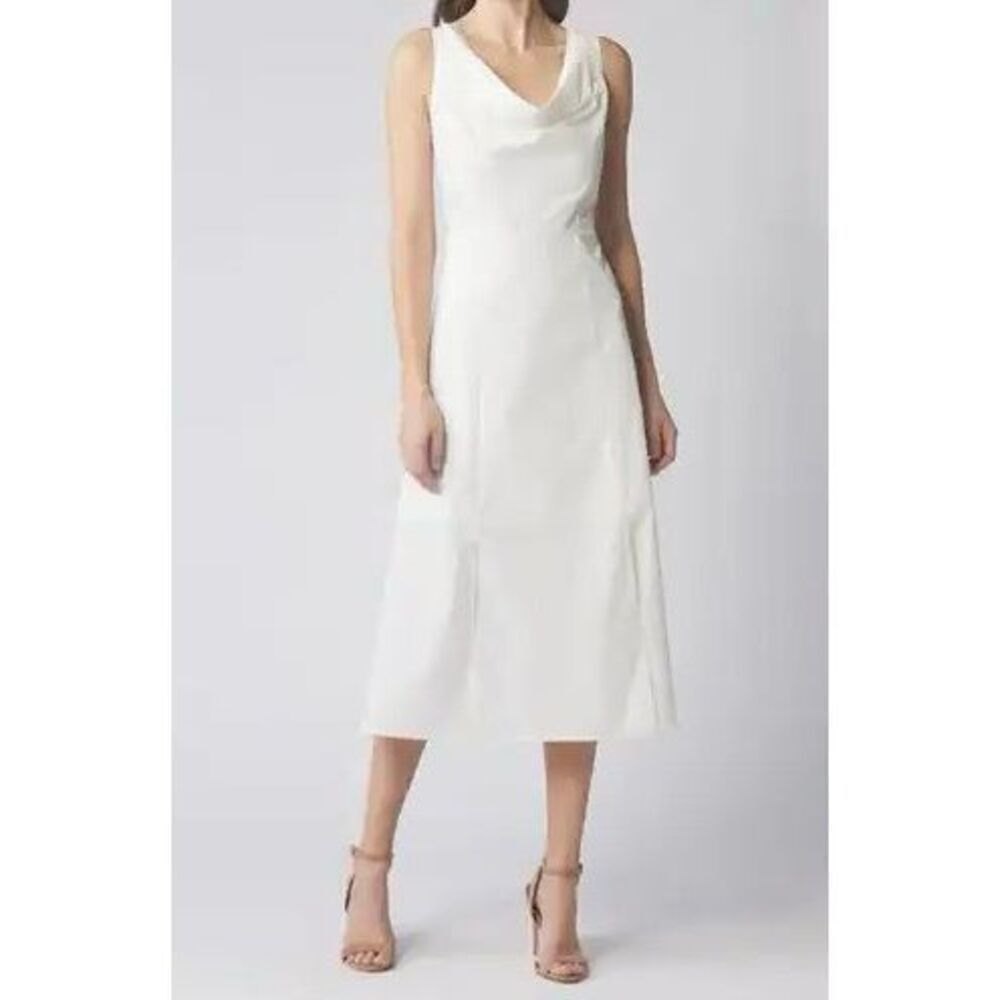 NWT Du Paradis Cream Sleeveless Cowl Neck Plissé Midi Sheath Silhouette Dress